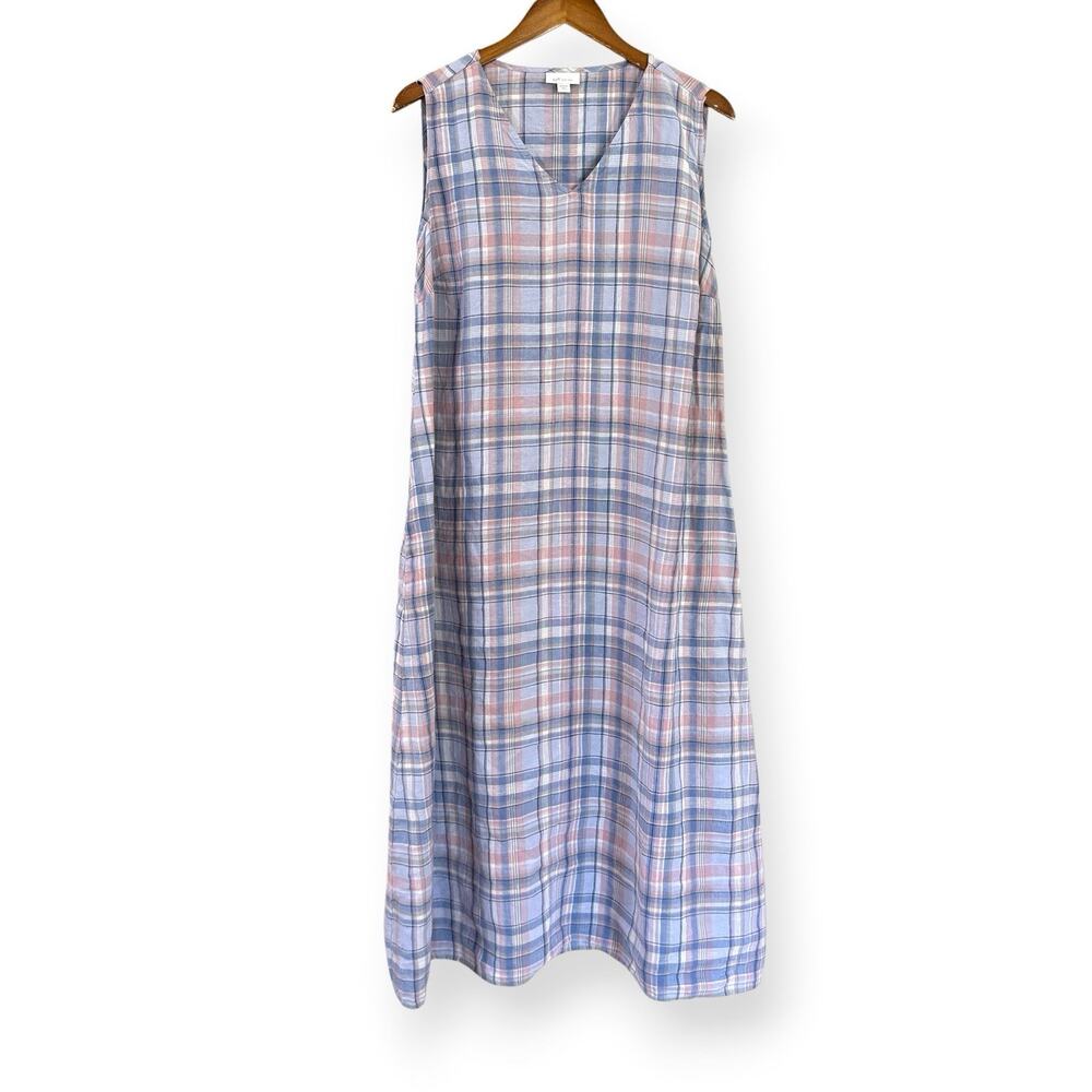 J Jill Love Linen Sleeveless Maxi Dress Blue Pink Plaid XL Petite ALTERED Fits S